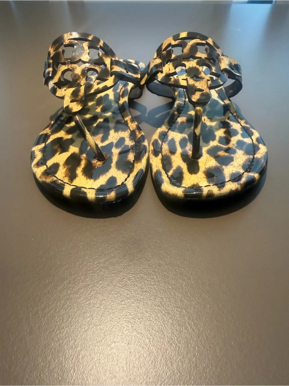 Tory Burch Patent Leather Leopard-Print Miller Thong Sandal Brown/Black Size 8